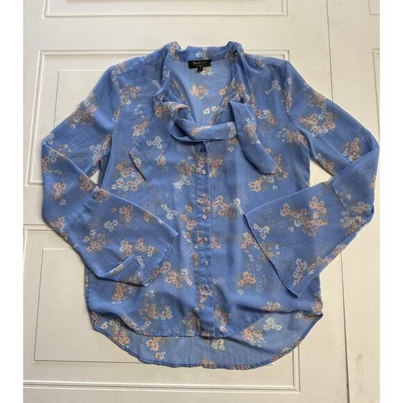 Juicy Couture Tops - Juicy Couture Light Blue Long Bell Sleeve Button Up Blouse Floral Sheer XS